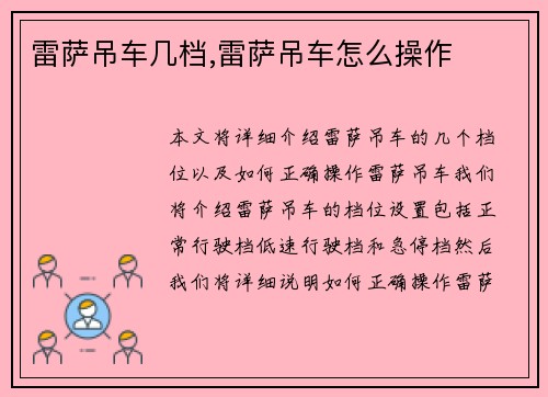 雷萨吊车几档,雷萨吊车怎么操作